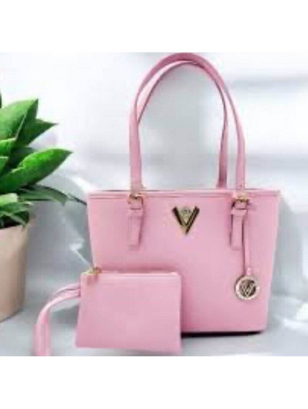 Valentino Orlandi Pink Tote Bag Gold Hardware Zipper Logo Accent with Pouch